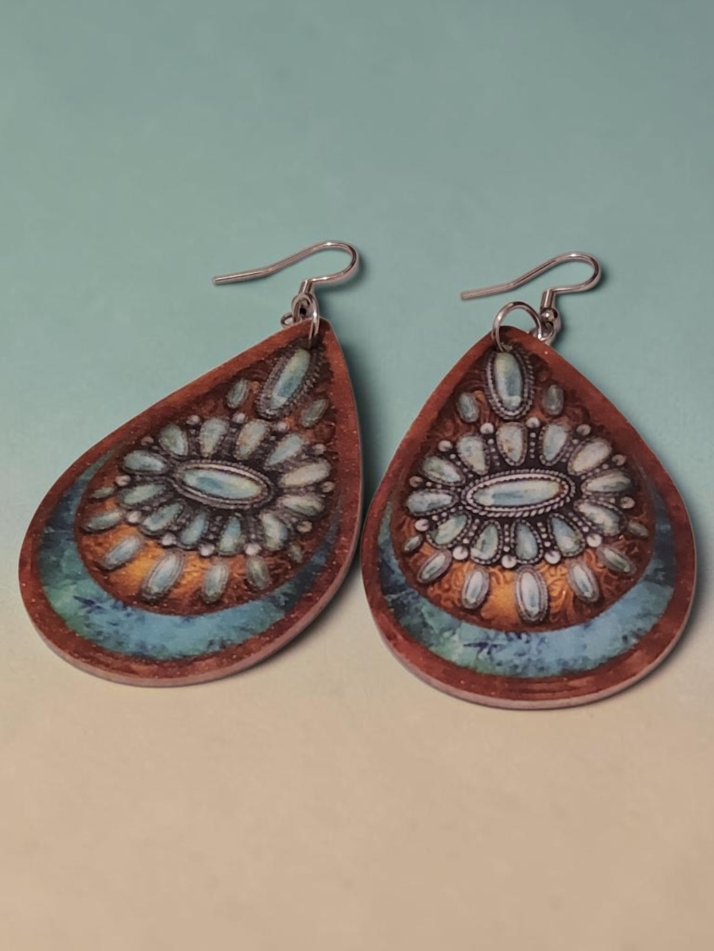 10 / $10 New  Teardrop Blue and Brown Floral Earrings